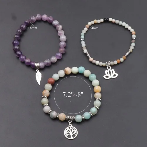 Vista 2 de UEUC - Pulseras Reiki, apilables, de piedras curativas, cristales, con dije del árbol de la vida, yoga y hoja de loto, contra la ansiedad