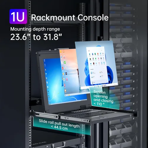Vista 4 de MT-VIKI Conmutador KVM para rack con monitor LCD de 17 pulgadas, conmutador KVM VGA de 16 puertos con monitor táctil de teclado, apto para rack