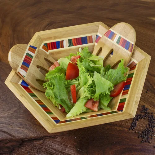 Vista 3 de Totally Bamboo Baltique Marrakesh Collection - Tazón para servir ensalada de 14 pulgadas con manos para ensalada, bambú y madera de abedul