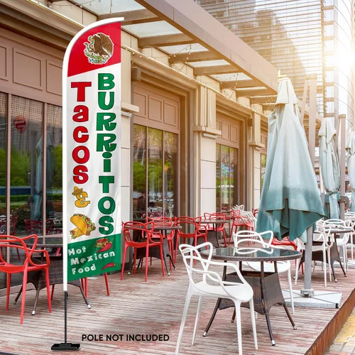 Vista 4 de Bandera de plumas, letrero de taco, bandera de tacos para negocios y casa, banderas publicitarias de tacos y burritos para restaurantes y ferias