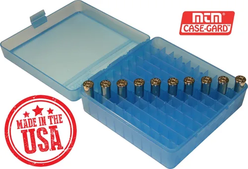 Vista 2 de MTM Caja de munición de 100 balas con tapa abatible 41/44 Cal (Azul Claro)