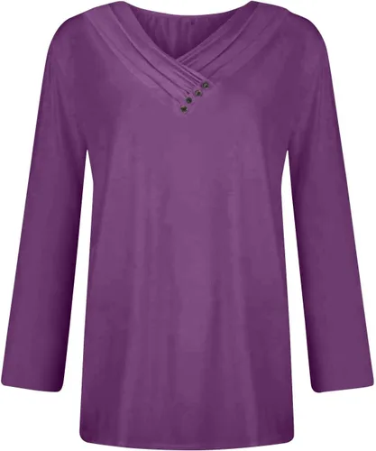 Vista 3 de Blusas de otoño con botones para mujer, blusas de manga larga con cuello en V, blusas elegantes de manga larga para usar con leggings