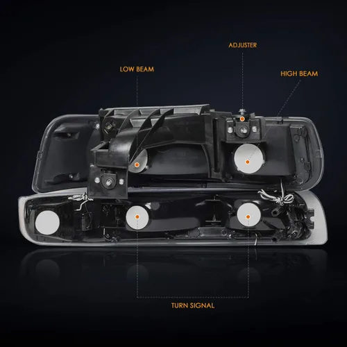 Vista 4 de PM PERFORMOTOR Faros delanteros de proyector de luz LED en forma de L de esquina ámbar de carcasa cromada compatibles con Silverado 99-02