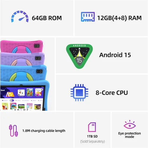Vista 4 de plimpton Tablet infantil mejorada 2026, tableta Android 15 de 10 pulgadas para niños con funda incluida, Octa-Core, Google Kids Space, control