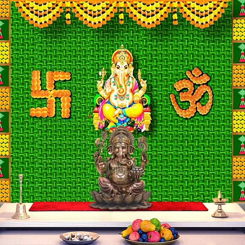 Vista 2 de SATVIK - Telón de fondo de tela para decoración de Pooja india, foto Ganpati, telón de fondo tradicional de tela Puja, festival Mehndi Diwali