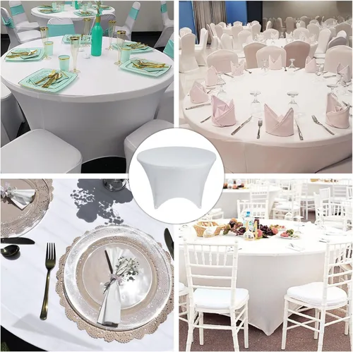 Vista 6 de GFCC Paquete de 2 manteles redondos de elastano de 60 pulgadas, color blanco, elástico ajustable de 5 pies, para bodas, fiestas, eventos, manteles