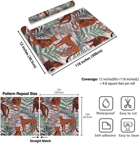 Vista 9 de CRE8TIVE Papel tapiz de animales de tigre y leopardo, hojas exóticas de selva tropical, papel tapiz de despegar y pegar, papel tapiz de 12 x 118