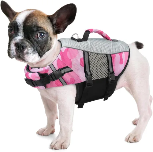 Vista 7 de Chaleco salvavidas para perros, chaleco de natación, ligero, altamente reflectante, para mascotas, con asa de elevación y anillo para correa