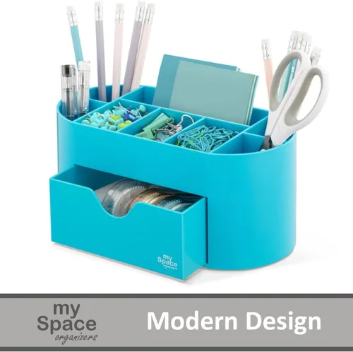 Vista 3 de My Space Organizers Organizador de escritorio azul para suministros de oficina y accesorios de escritorio, soporte para bolígrafos, organización