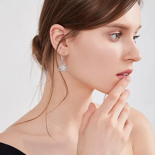 Vista 5 de Aretes de plata de ley S925 con nudo celta para mujer, aretes de gancho colgantes irlandeses de buena suerte