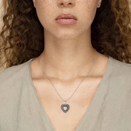 Vista 2 de MANBU Collar con medallón de plata de ley para mujer colgante de medallón de ópalo de corazón que sostiene imágenes siempre contigo, fotos
