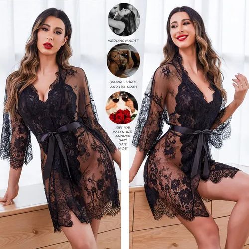 Vista 3 de Avidlove Conjunto de lencería sexy para mujer, 2 piezas, bata de kimono de encaje con lencería de encaje