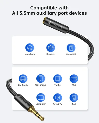Vista 2 de Syncwire - Cable de extensión para auriculares - 6 pies [Sonido Hi-Fi][Conector chapado en oro][TRS] Cordón de extensión de audio macho a hembra