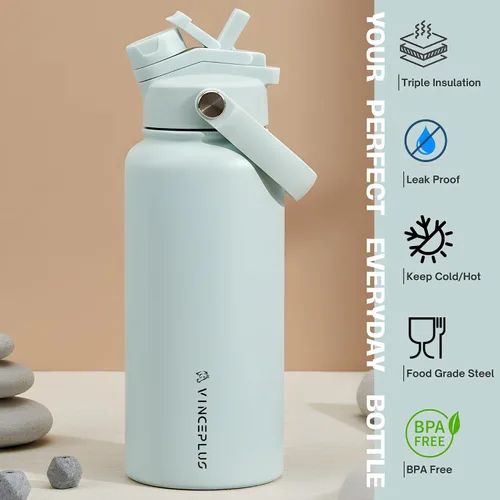 Vista 2 de Botella de agua de acero inoxidable de 32 onzas con tapa 2 en 1, botella de agua aislada al vacío de triple pared, a prueba de fugas, asa