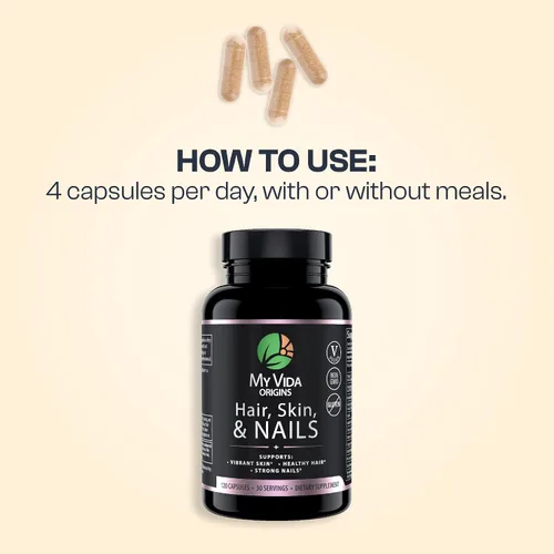 Vista 6 de My Vida Origins Cabello y uñas Cabello más grueso, uñas más fuertes, piel vibrante Apoya la belleza natural Zinc, biotina, vitamina E Vegano
