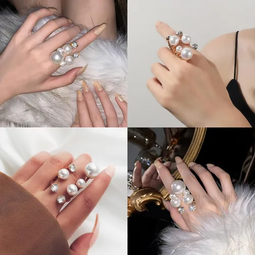 Vista 6 de Cicod Anillo de perlas vintage, apilables, anillos de perlas ajustables, anillo de dedo completo de perlas abiertas, joyería de moda para mujeres