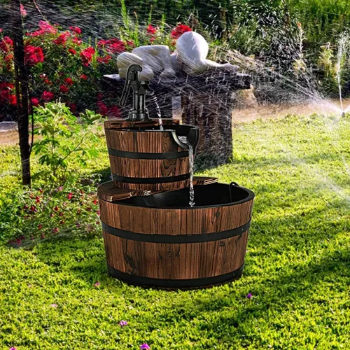 Vista 6 de FANTASK Fuente de cascada de barril de 2 niveles, fuente de agua de barril para exteriores con bomba de mano, construcción rústica de madera maciza