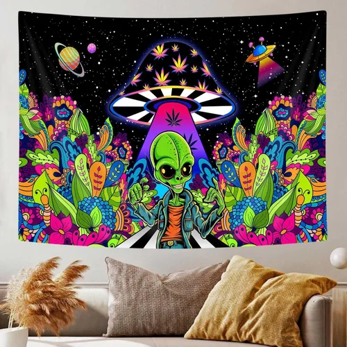 Vista 5 de JAWO Tapices alienígenas geniales, tapiz mágico psicodélico de hongos psicodélicos OVNI para colgar en la pared, decoración del hogar