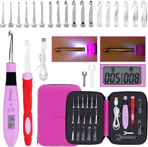 Vista 10 de Juego de Ganchos de Ganchillo con Cuenta Digital, Gancho de Ganchillo Ergonómico con Luz LED y 2 Niveles de Brillo Ajustable, Ganchos de Ganchillo