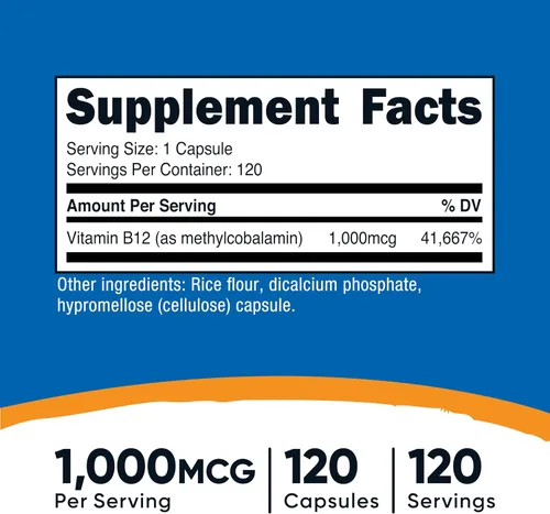 Vista 2 de Nutricost Vitamina B12 (metilcobalamina) 1000mcg, 120 cápsulas, sin gluten