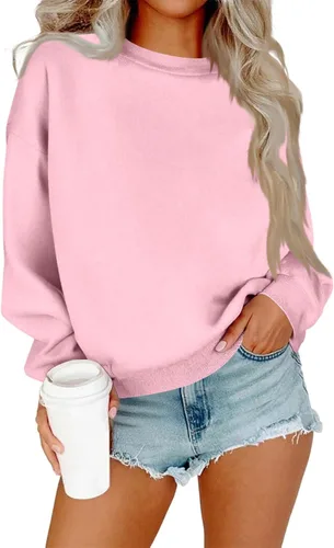 Vista 12 de Sudadera de manga larga para mujer, sudaderas de gran tamaño, ajuste holgado, color liso, tallas S-2XL