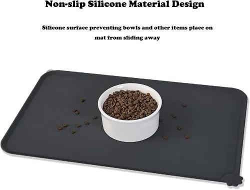 Vista 2 de Tapete de silicona para alimentación de mascotas, impermeable, para perros y gatos, bordes elevados para evitar derrames, bandeja individual Negro
