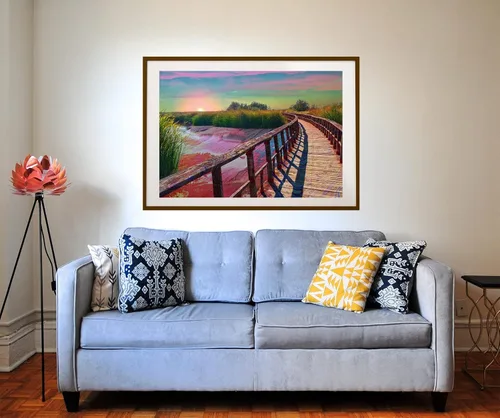 Vista 9 de Lucid Eye Cartel de estanque de fusión, Póster de puente psicodélico, Arte de pared de paisaje trippy, Póster colorido, Diseño de atardecer de neón