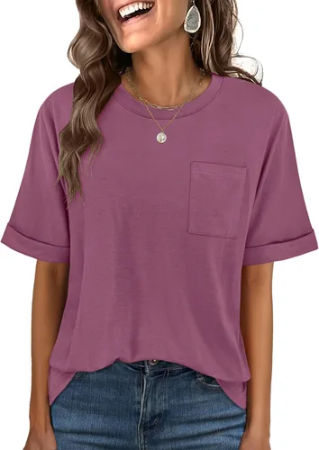 Vista 18 de ANRABESS - Camiseta de manga corta para mujer, estilo oversized, casual, suelta, básica, para verano, con bolsillo Caqui