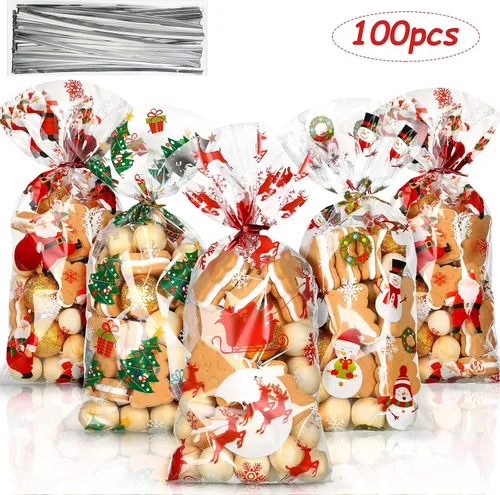 Vista 3 de Outus 100 piezas de bolsas de celofán de Navidad, bolsas de Navidad de plástico con lazos giratorios para dulces, galletas, golosinas, envoltorios
