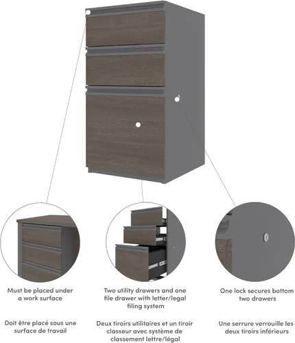 Vista 4 de Bestar Prestige + Pedestal complementario, 16 W, gris ladrido y pizarra 1 file drawer; for home office use; Cherry Wood construction; Classic