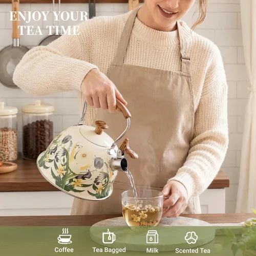 Vista 5 de Tea Kettle for Stove Top, 2.7 Quart Floral Whistling Kettle Tea Pots Stainless Steel Tea Pots with Wood Pattern Folding Handle for Boiling Water