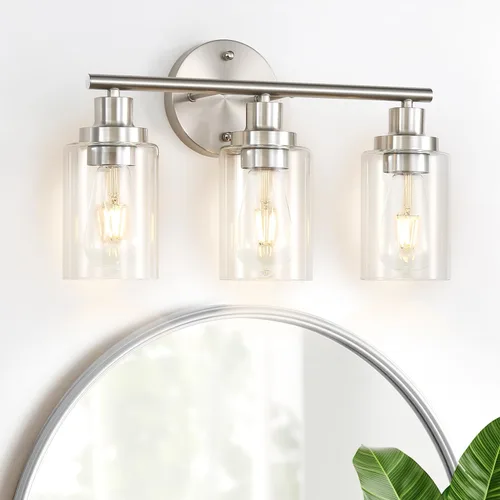 Vista 9 de Lámpara de pared de 2 luces, luz de tocador de baño sobre espejo Wall Sconce Light Fixture with Clear Glass Shade Brushed Nickel Modern Metal Wall