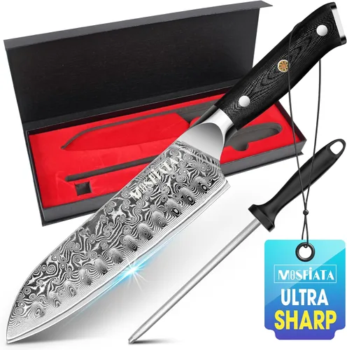 Vista 8 de MOSFiATA 7'Nakiri Cuchillo Damasco Profesional Sharpe Chef Cuchillo Cuchillo Cuchillo de Cocina Cuchillo Cuchillo de Acero Damasco VG-10 Hoja
