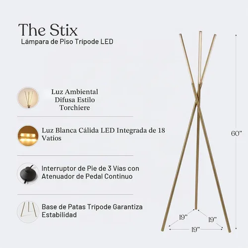 Vista 3 de Brightech Stix - Lámpara de pie LED con trípode para sala de estar, lámpara de pie moderna regulable, con 3 luces para dormitorio, iluminación Latón