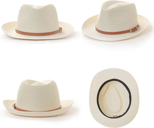 Vista 2 de TIALARTS Sombrero de paja Fedora para hombre y mujer, ala ancha, para verano, playa, paja para exteriores, sombrero cubano Trilby
