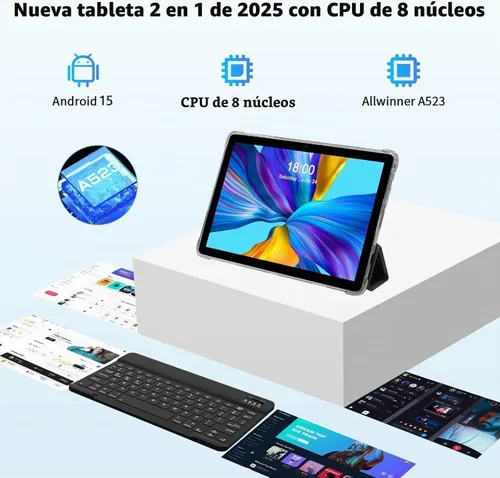 Vista 3 de Tablet Android 15, tabletas 2 en 1 de 10 pulgadas con funda para teclado y lápiz capacitivo, procesador Octa-Core de 128 GB, Wi-Fi 6 5G, pantalla HD