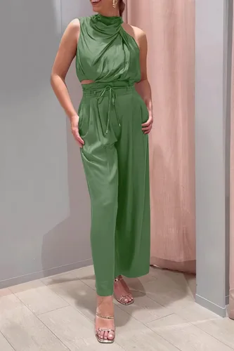 Vista 8 de PRETTYGARDEN Womens 2024 Summer Sleeveless Mock Neck Crop Tops Wide Leg Pants Set