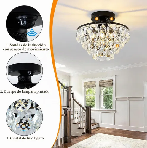 Vista 3 de YYJLX Lámpara de techo interior con sensor de movimiento moderna de cristal semiempotrada en color negro para pórtico, pasillo, entrada frontal