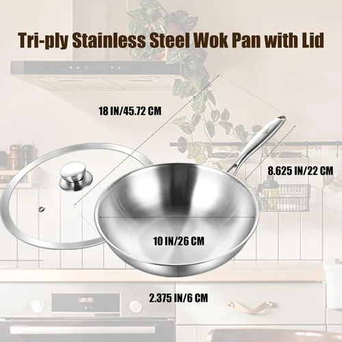 Vista 6 de LOLYKITCH Wok de acero inoxidable de 10 pulgadas con tapa de vidrio Mango