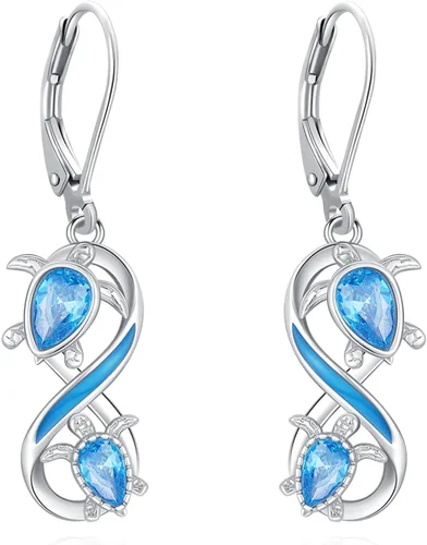 Vista 139 de Aretes colgantes de plata de ley con diseño de árbol de la vida, flor, abeja, animales, gato, colibrí, piedra lunar, turquesa, aretes con cierre