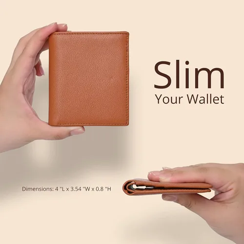 Vista 2 de Bveyzi Cartera ultra delgada RFID para mujer, cartera de cuero pequeña y delgada con bolsillo doble para damas