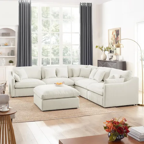 Vista 3 de Juego de sofá modular en forma de L con otomana, sofá de asiento profundo de combinación libre con relleno de plumas de plumón, 10 almohadas, sofá