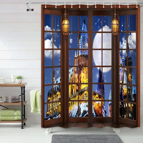 Vista 12 de Magic Castle - Cortina de ducha de castillo de cuento de hadas, decoración de baño, tela impermeable con ganchos, 36 x 72 pulgadas
