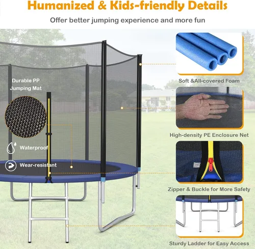 Vista 4 de GYMAX - Trampolín recreativo de 8, 10, 12, 14, 15 y 16 pies, con red de seguridad y escalera, certificado por ASTM, trampolín para exteriores