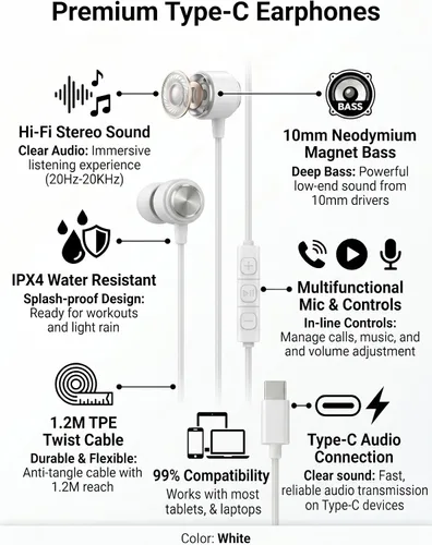 Vista 2 de Halo - Paquete de 30 auriculares USB C con cable con micrófono, auriculares intrauditivos tipo C con control de volumen, auriculares a granel