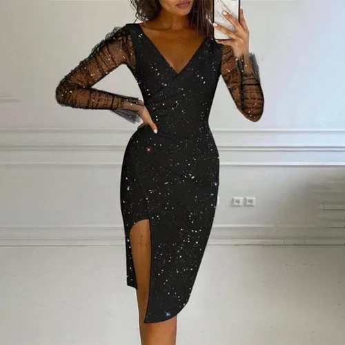 Vista 2 de Cocktail Dresses for Women 2023 Sexy Sequins V-Neck Split Midi Party Clubwear Dress PartyDresses for Women 2023