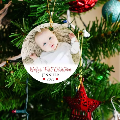 Vista 2 de Adorno de Navidad personalizado con foto del primer año del bebé 2025, adorno de Navidad con foto personalizada del primer año del bebé para nuevos