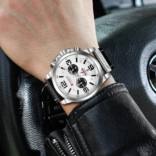 Vista 4 de Reloj de acero inoxidable con correa de cuero, estilo clásico, casual, resistente al agua, cronógrafo, fecha, y cuarzo analógico