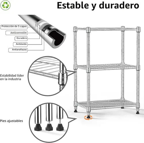 Vista 8 de M MZG Estantería de almacenamiento de alambre de 450 libras, estantería de 3 niveles, organizador de acero, estante de alambre para el hogar, Cromo