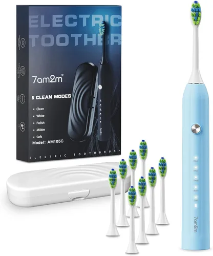 Vista 13 de 7AM2M Cepillo de dientes eléctrico sónico para adultos y niños, con 8 cabezales de cepillo y estuche de viaje, 5 modos con temporizador inteligente